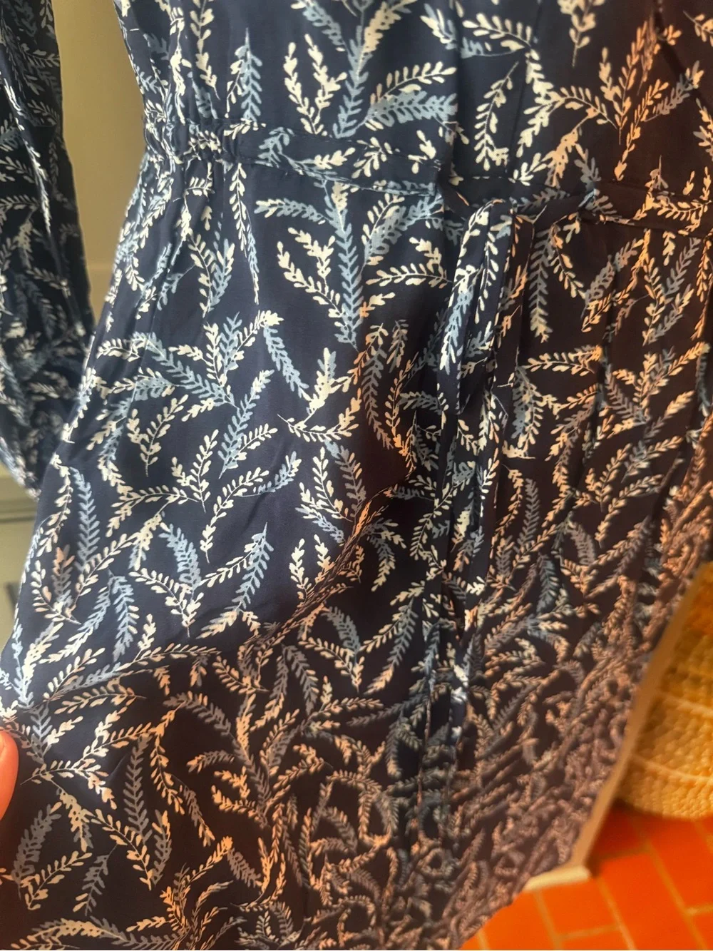 Draper James Navy and White Leaf-Print Long Sleeve Wrap Dress